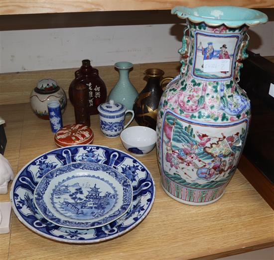 A collection of mixed oriental ceramics, including a large Cantonese vase. Tallest 46cm